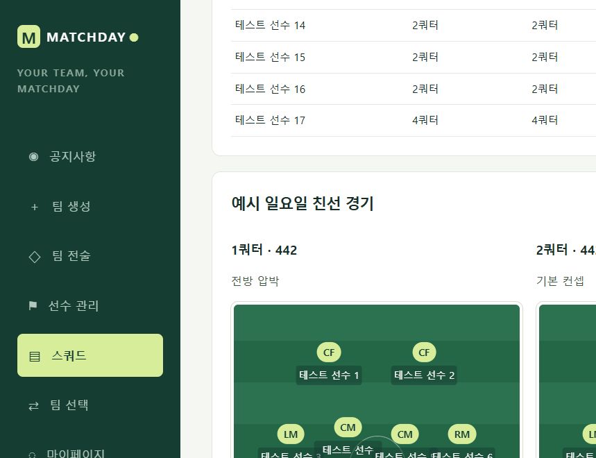 가상의 선수로 구성한 스쿼드 배치 수정 화면